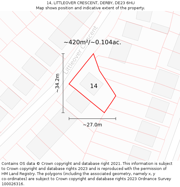 14, LITTLEOVER CRESCENT, DERBY, DE23 6HU: Plot and title map