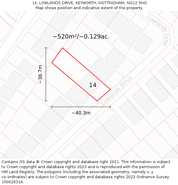 14, LOWLANDS DRIVE, KEYWORTH, NOTTINGHAM, NG12 5HG: Plot and title map