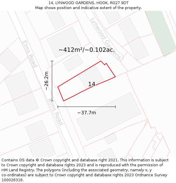 14, LYNWOOD GARDENS, HOOK, RG27 9DT: Plot and title map