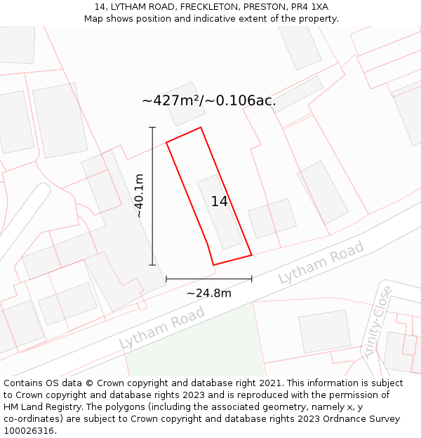 14, LYTHAM ROAD, FRECKLETON, PRESTON, PR4 1XA: Plot and title map