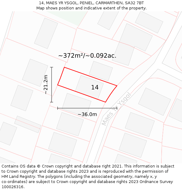 14, MAES YR YSGOL, PENIEL, CARMARTHEN, SA32 7BT: Plot and title map