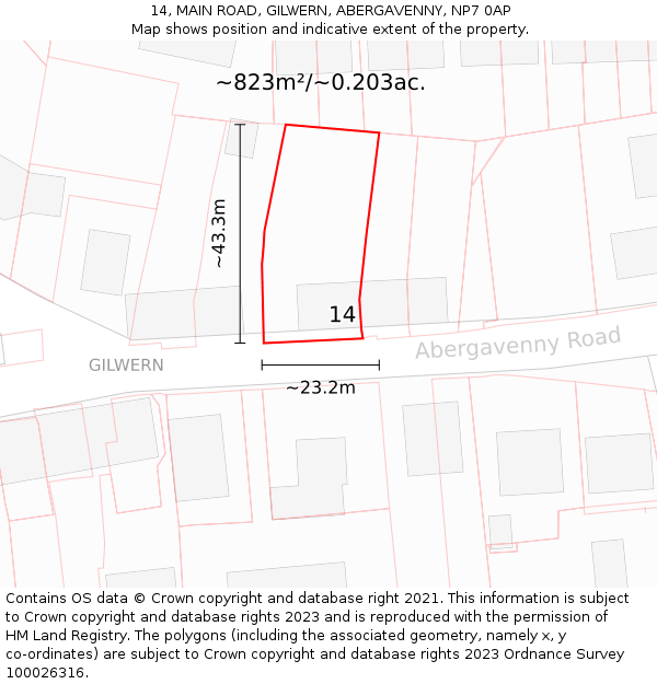 14, MAIN ROAD, GILWERN, ABERGAVENNY, NP7 0AP: Plot and title map