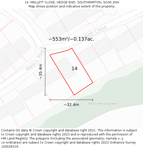 14, MALLETT CLOSE, HEDGE END, SOUTHAMPTON, SO30 2NH: Plot and title map