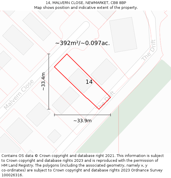 14, MALVERN CLOSE, NEWMARKET, CB8 8BP: Plot and title map