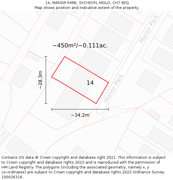 14, MANOR PARK, SYCHDYN, MOLD, CH7 6EQ: Plot and title map