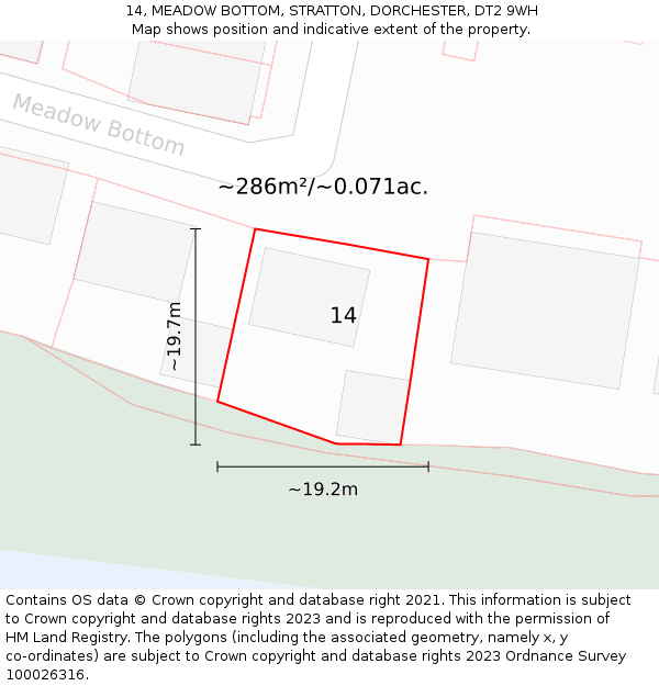 14, MEADOW BOTTOM, STRATTON, DORCHESTER, DT2 9WH: Plot and title map