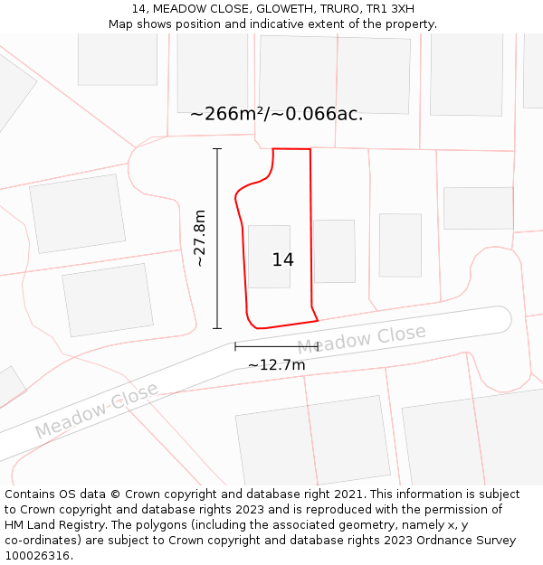 14, MEADOW CLOSE, GLOWETH, TRURO, TR1 3XH: Plot and title map
