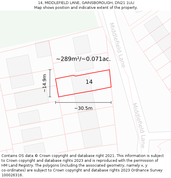 14, MIDDLEFIELD LANE, GAINSBOROUGH, DN21 1UU: Plot and title map