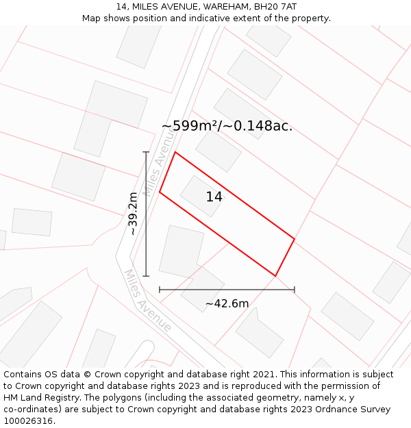 14, MILES AVENUE, WAREHAM, BH20 7AT: Plot and title map