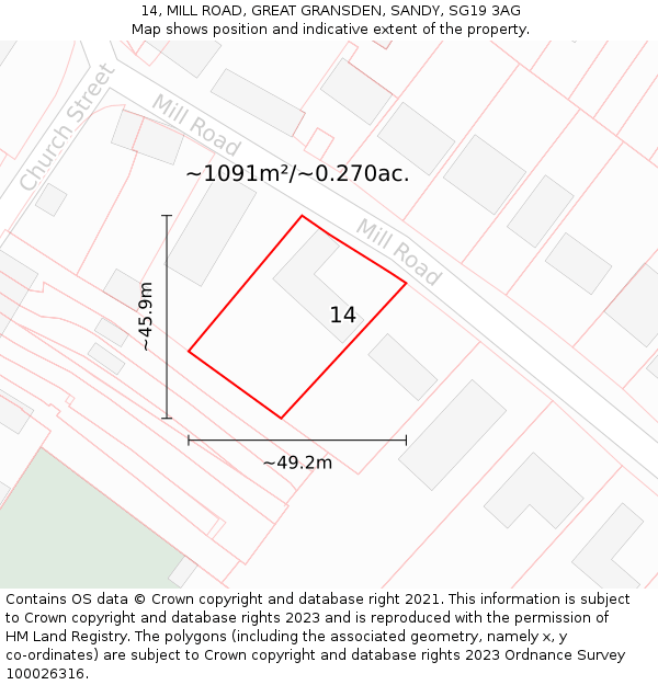 14, MILL ROAD, GREAT GRANSDEN, SANDY, SG19 3AG: Plot and title map