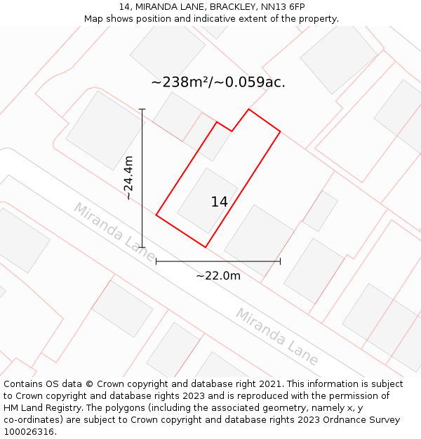 14, MIRANDA LANE, BRACKLEY, NN13 6FP: Plot and title map