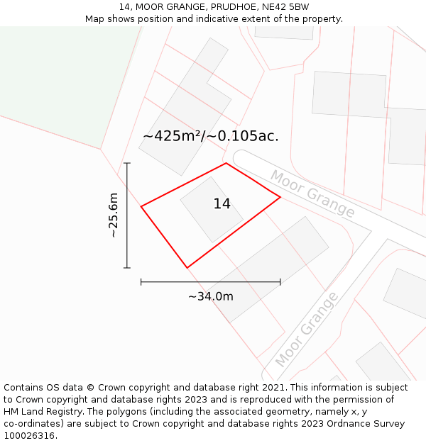 14, MOOR GRANGE, PRUDHOE, NE42 5BW: Plot and title map