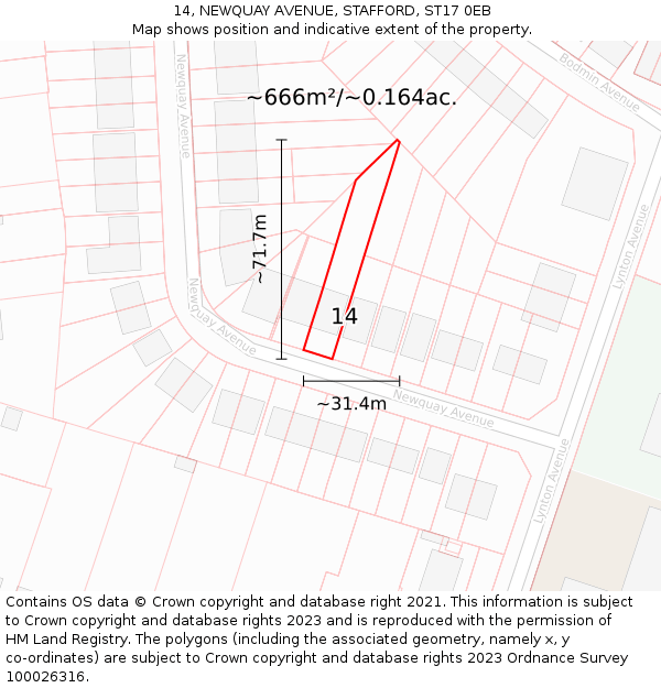 14, NEWQUAY AVENUE, STAFFORD, ST17 0EB: Plot and title map