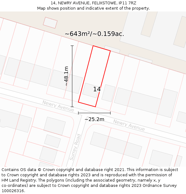 14, NEWRY AVENUE, FELIXSTOWE, IP11 7RZ: Plot and title map