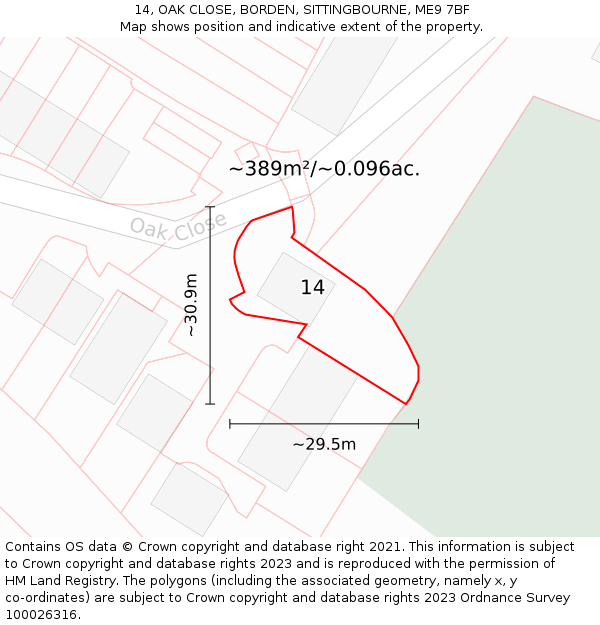 14, OAK CLOSE, BORDEN, SITTINGBOURNE, ME9 7BF: Plot and title map