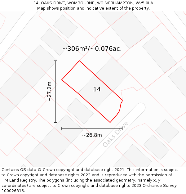 14, OAKS DRIVE, WOMBOURNE, WOLVERHAMPTON, WV5 0LA: Plot and title map