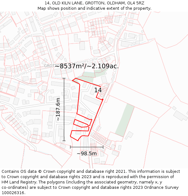 14, OLD KILN LANE, GROTTON, OLDHAM, OL4 5RZ: Plot and title map