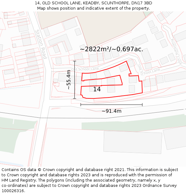 14, OLD SCHOOL LANE, KEADBY, SCUNTHORPE, DN17 3BD: Plot and title map