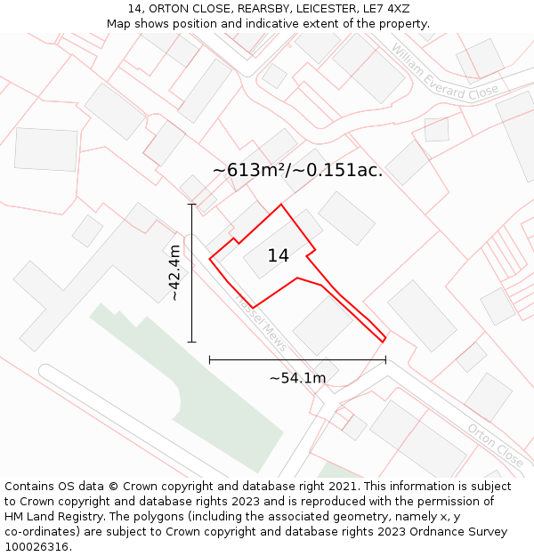 14, ORTON CLOSE, REARSBY, LEICESTER, LE7 4XZ: Plot and title map