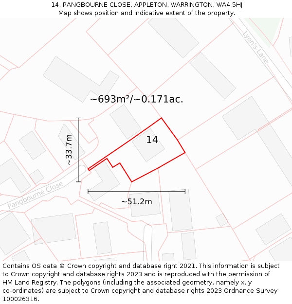 14, PANGBOURNE CLOSE, APPLETON, WARRINGTON, WA4 5HJ: Plot and title map