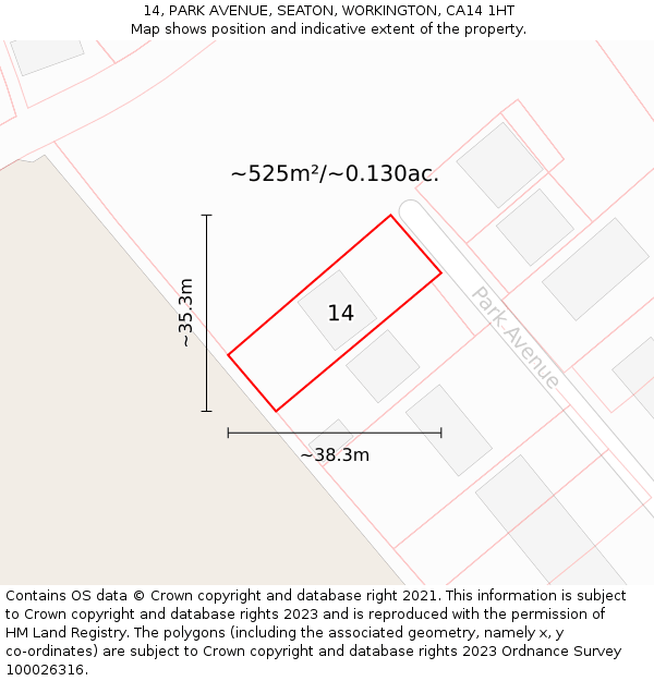 14, PARK AVENUE, SEATON, WORKINGTON, CA14 1HT: Plot and title map