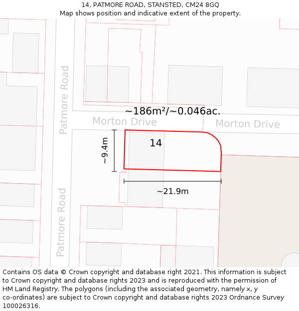 14, PATMORE ROAD, STANSTED, CM24 8GQ: Plot and title map