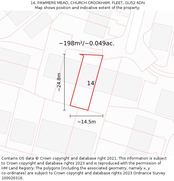 14, PAWMERS MEAD, CHURCH CROOKHAM, FLEET, GU52 6DN: Plot and title map