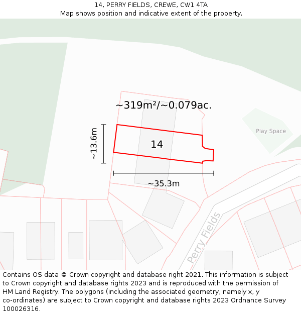 14, PERRY FIELDS, CREWE, CW1 4TA: Plot and title map