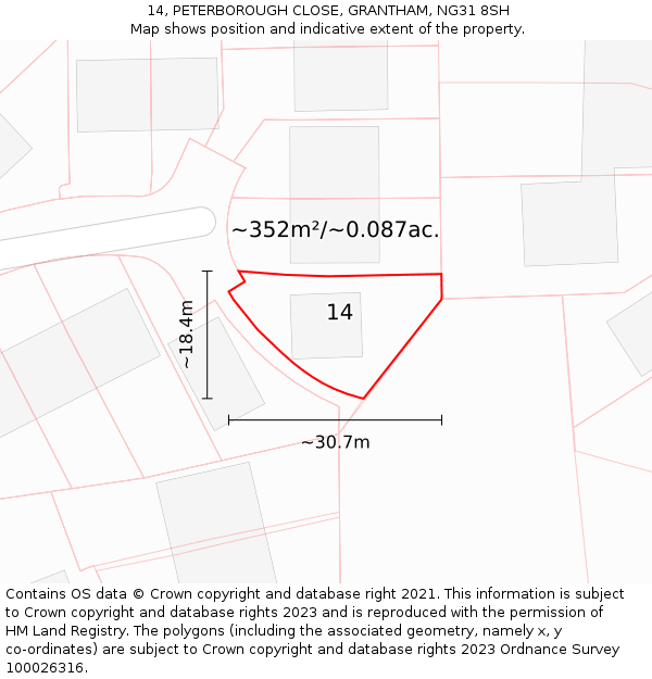 14, PETERBOROUGH CLOSE, GRANTHAM, NG31 8SH: Plot and title map