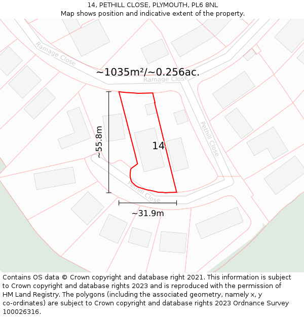 14, PETHILL CLOSE, PLYMOUTH, PL6 8NL: Plot and title map