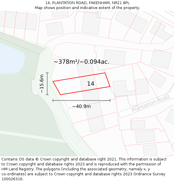 14, PLANTATION ROAD, FAKENHAM, NR21 8PL: Plot and title map