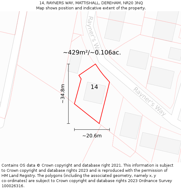 14, RAYNERS WAY, MATTISHALL, DEREHAM, NR20 3NQ: Plot and title map