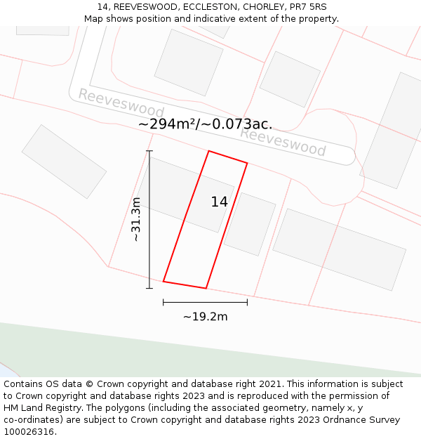 14, REEVESWOOD, ECCLESTON, CHORLEY, PR7 5RS: Plot and title map