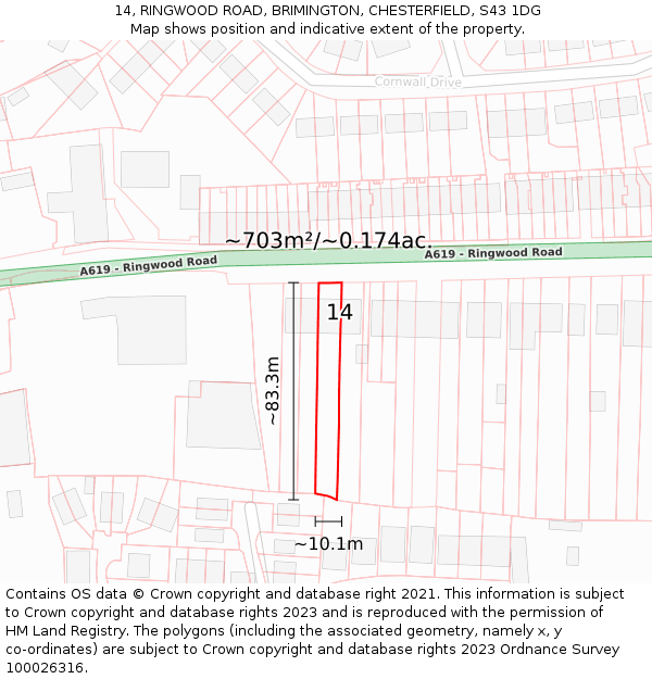 14, RINGWOOD ROAD, BRIMINGTON, CHESTERFIELD, S43 1DG: Plot and title map