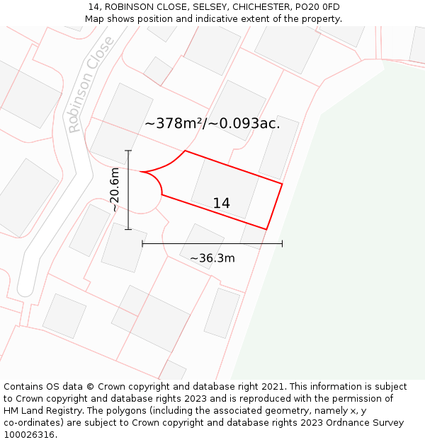 14, ROBINSON CLOSE, SELSEY, CHICHESTER, PO20 0FD: Plot and title map