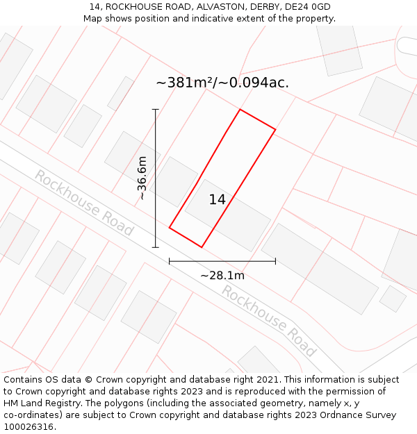 14, ROCKHOUSE ROAD, ALVASTON, DERBY, DE24 0GD: Plot and title map