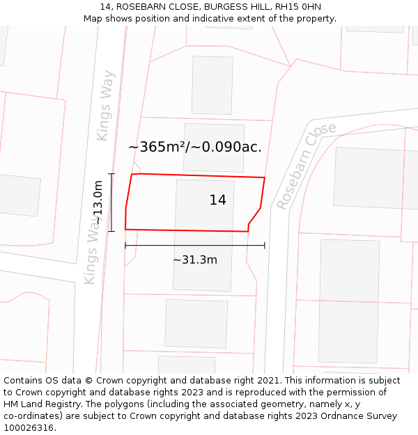 14, ROSEBARN CLOSE, BURGESS HILL, RH15 0HN: Plot and title map