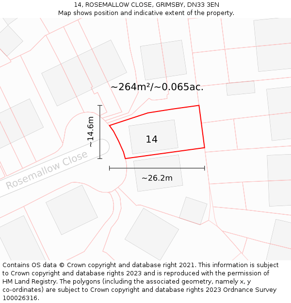 14, ROSEMALLOW CLOSE, GRIMSBY, DN33 3EN: Plot and title map