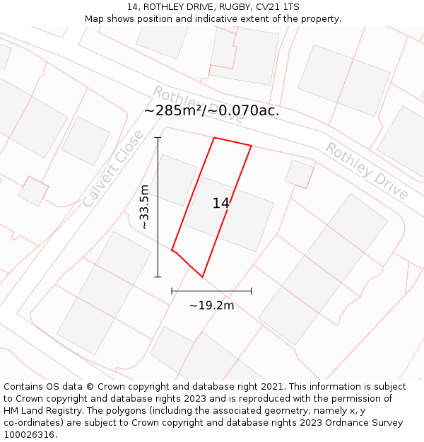 14, ROTHLEY DRIVE, RUGBY, CV21 1TS: Plot and title map