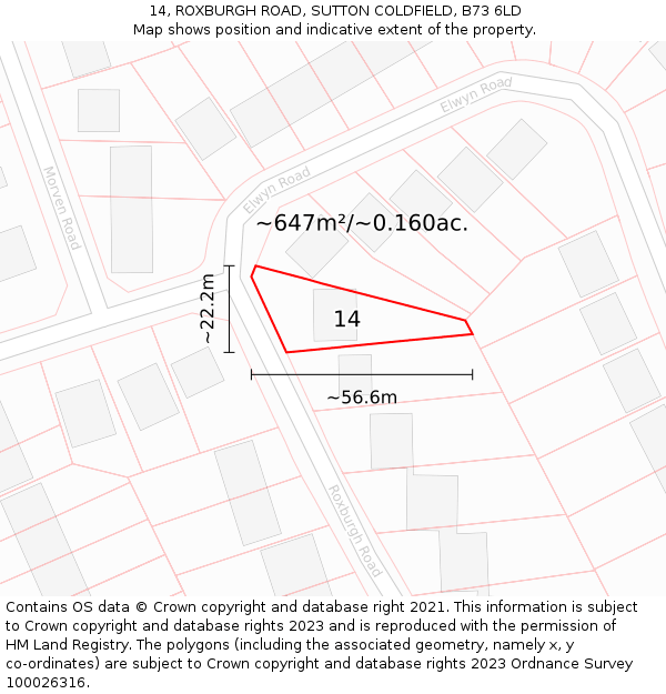 14, ROXBURGH ROAD, SUTTON COLDFIELD, B73 6LD: Plot and title map