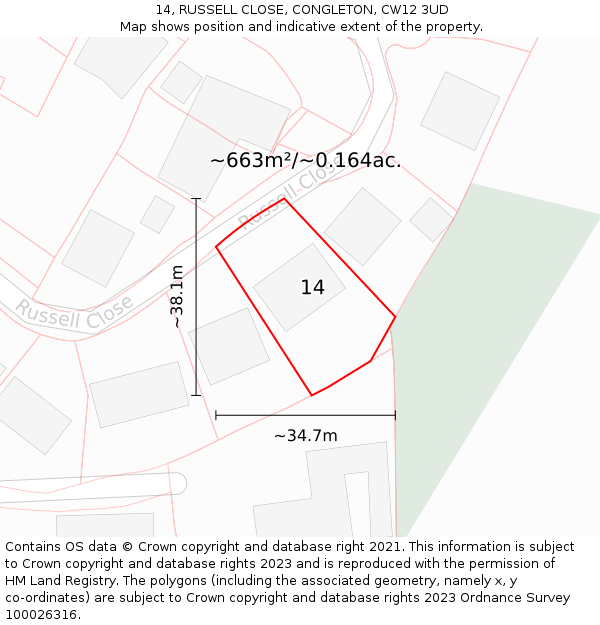 14, RUSSELL CLOSE, CONGLETON, CW12 3UD: Plot and title map