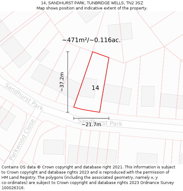 14, SANDHURST PARK, TUNBRIDGE WELLS, TN2 3SZ: Plot and title map