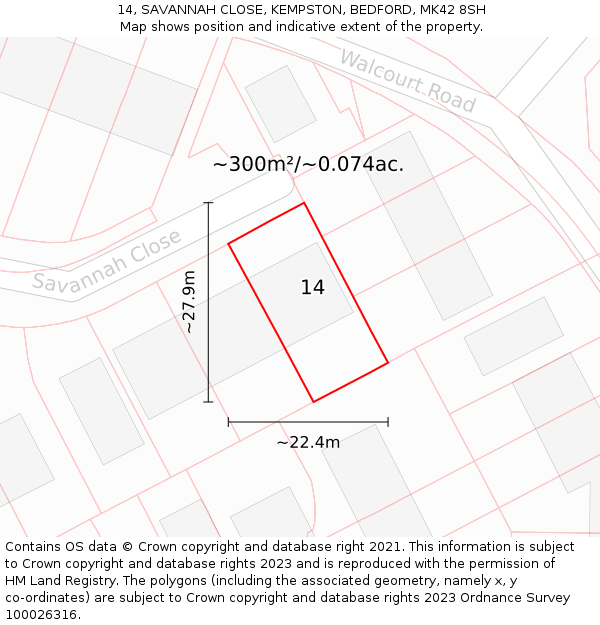 14, SAVANNAH CLOSE, KEMPSTON, BEDFORD, MK42 8SH: Plot and title map