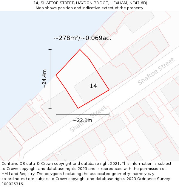 14, SHAFTOE STREET, HAYDON BRIDGE, HEXHAM, NE47 6BJ: Plot and title map