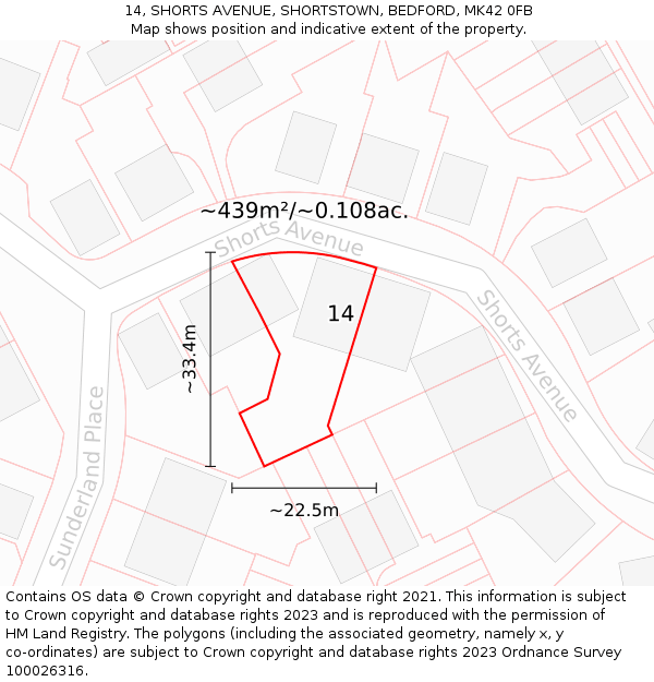 14, SHORTS AVENUE, SHORTSTOWN, BEDFORD, MK42 0FB: Plot and title map