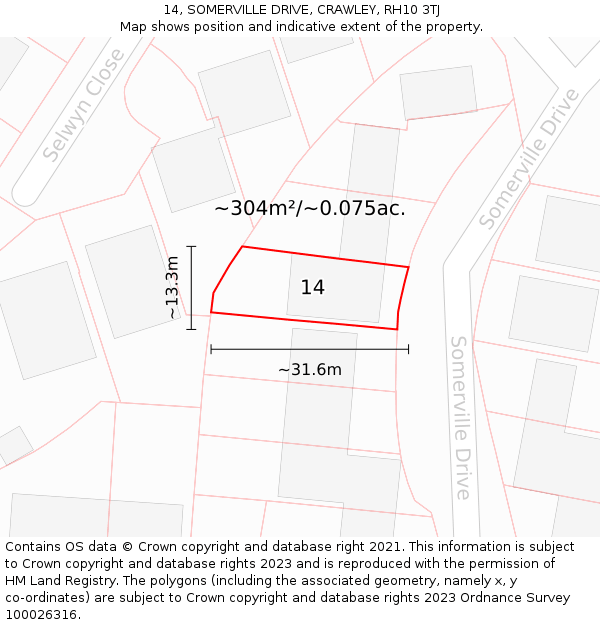 14, SOMERVILLE DRIVE, CRAWLEY, RH10 3TJ: Plot and title map