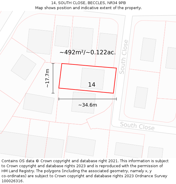 14, SOUTH CLOSE, BECCLES, NR34 9PB: Plot and title map