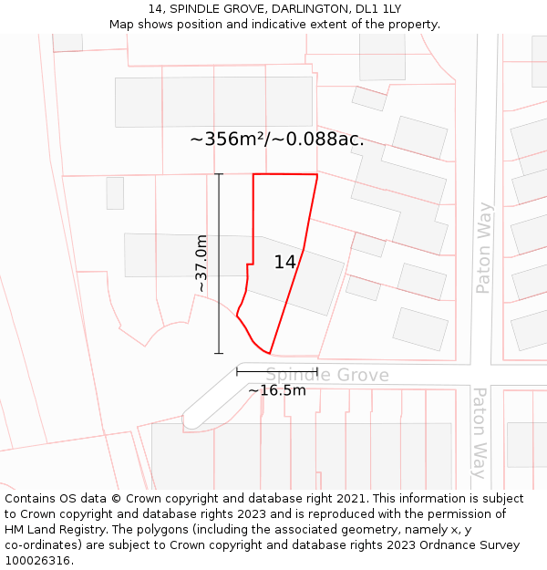 14, SPINDLE GROVE, DARLINGTON, DL1 1LY: Plot and title map