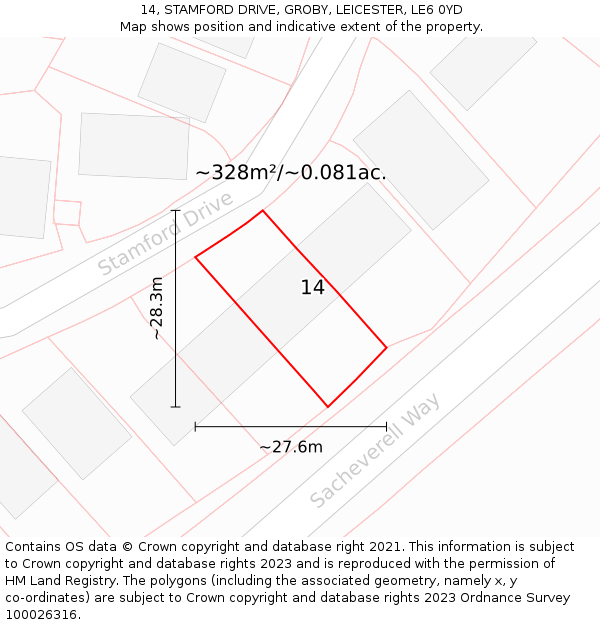 14, STAMFORD DRIVE, GROBY, LEICESTER, LE6 0YD: Plot and title map