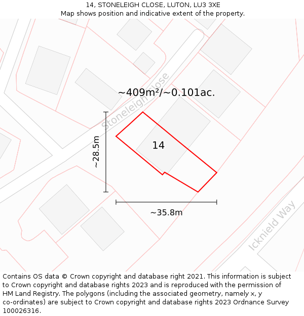 14, STONELEIGH CLOSE, LUTON, LU3 3XE: Plot and title map